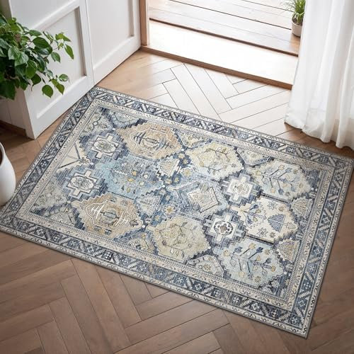 BEIMO Boho Fußmatte Innen 60x90cm, Vintage Fußmatte Waschbar, Kleine Teppiche Orientalisch rutschfest für Haustür, Flur, Küche, Blau