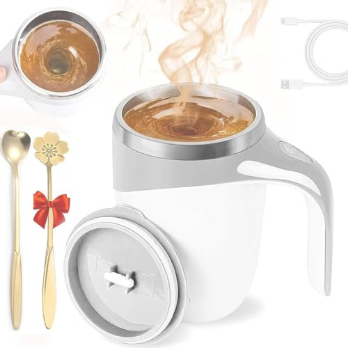 Automatic Magnetic Stirring Mug - Rechargeable Stainless Steel Stirring Cup Coffee Blender Cup with USB Data Cable*1 Spoon*2 | Waterproof Mixing Cup Automatic Liquid Stirrer Jug for Tea Juice Protein