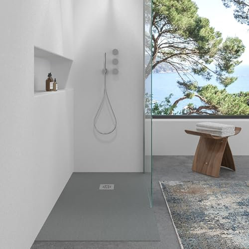 VAROBATH | Plato de Ducha Nolita – Material Resina con Carga Mineral y Textura Pizarra Antideslizante C3 – Incluye Válvula Desagüe y Rejilla (Gris Cemento Ral-7037, 80x180)
