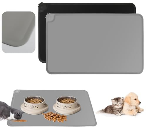 FHISKUNYU 2er Set Silikon-Futtermatten für Hunde und Katzen | 48 x 30 cm | wasserdichte & rutschfeste Unterlage | Leicht zu reinigen | Schwarz & Grau