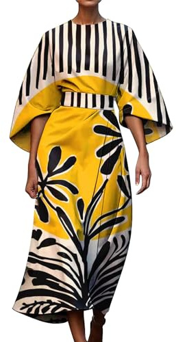 HOOUDO Women's Summer Dresses Crew Neck Elegant Swing Dress Casual Vintage Midi Sundress with Pockets A-Line Wedding Guest Dresses