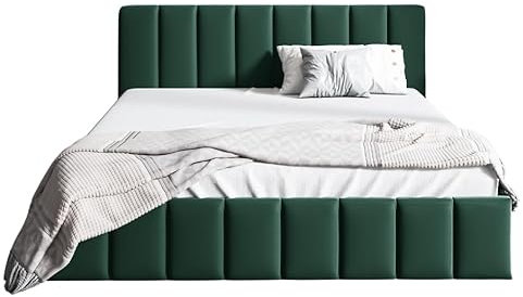 Sofello Polsterbett NINA mit Holzlattenrost 120 140 160 180 200 cm aus Samt Samtdoppelbett für Erwachsene und Jugendliche (Riviera 38 - grün, 180x200)