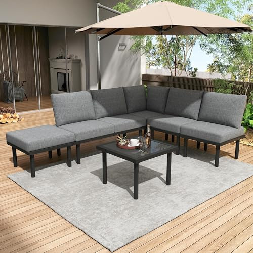 Jaxenor 5-6 Sitzer Lounge Möbel Outdoor, Gartenlounge Outdoor mit Couchtische, Garten Loungemöbel Set mit Verstellbare Füße, Balkon Sofa für Garten, Inklusive Aller Sitzpolstern und Rückenkissen, Grau