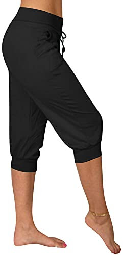 Pantaloni Capri da donna, bengalini, tinta unita, con coulisse, lunghezza al ginocchio, leggeri, morbidi, sportivi, dimagranti, elastici, per yoga, atletica, per l'uso quotidiano, Nero , XL