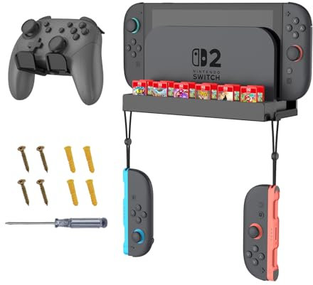 Fintie Wandhalterung für Nintendo Switch 2, Metall-Wandhalterungsset mit 1 Controller-Halter, 12 Spielkartenhaltern, platzsparender Konsolen-Organizer hinter dem Fernseher, Schwarz