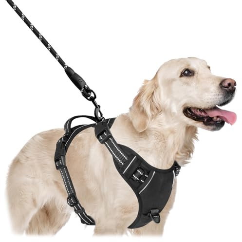 Hundegeschirr Mittelgroße Hunde, Geschirr Hund Für Große Hunde – Verstellbares Anti-Zug-Brustgeschirr Mit Griff, Weich Gepolstert & Reflektierend, Inklusive Hundeleine, Schwarz, Größe L