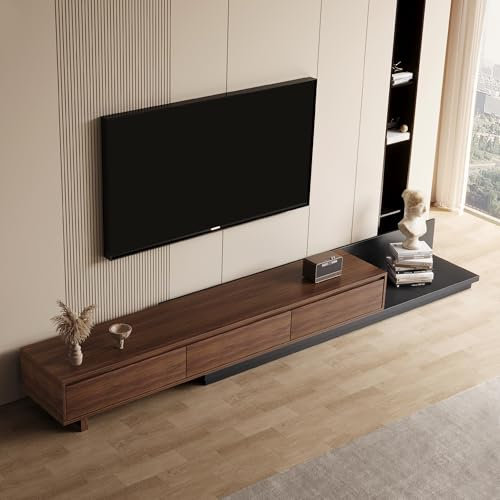 Walnut TV Stand for 130 TVs Telescopic 200-330cm Media Console 3 Light Walnut Drawers on Charcoal Base Heavy Duty Plywood Construction Left-Right Extendable with Cable Management