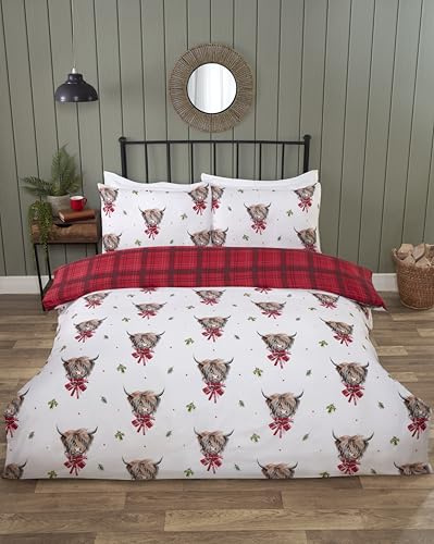 Rapport Home Fergus Reversible Duvet Cover Set - Highland Cows Red Plaid Patterned Double Bedding Set