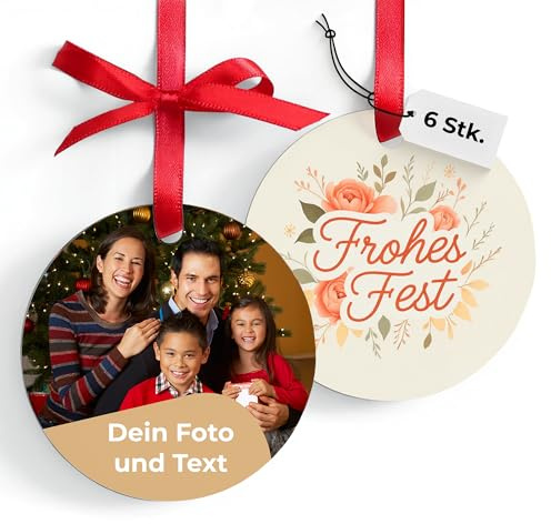 Cimpress personalisierter Weihnachtsschmuck Rund 7x7 cm, 6 Stück, Metall, Foto & Text, individuelle Weihnachtsbaumdeko, Weihnachtsanhänger, Geschenkidee Familie, Baby’s erstes Weihnachten
