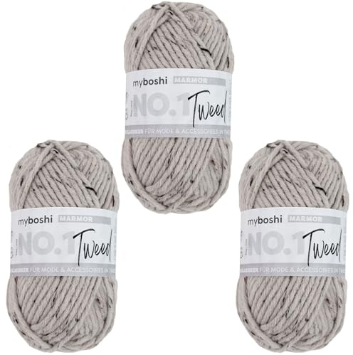myboshi No.1 Tweed, zum Häkeln und Stricken, Schnellstrickgarn, mulesing-freie Mützenwolle, Strickwolle, Häkelwolle, 50g, Ll 55m Beige (Marmor) 3 Knäuel