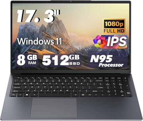 MTWZMM 17.3 Inch Backlit Keyboard Laptop, DDR4 8GB SSD 512GB, Celeron N95 (Up to 3.4GHz), Type-C, RJ45, Bluetoothi 5.0, Dual WiFi, USB 3.0, Webcam, HDMI, Ultral Light Laptop for Students and Business