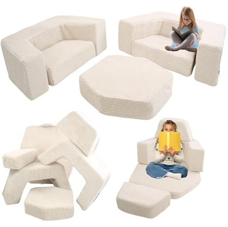 Flumi Kinderspielplatz aus Schaumstoff Montessori 6-teiliges Indoor Spielset, modulare Softbausteine für motorische Entwicklung mit waschbarem Bezug (Beige Kord)