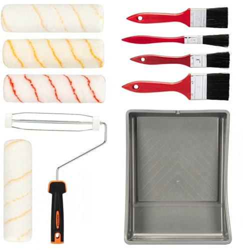 6 Piece 9 inch Twin Paint Roller Set+ Pack of 4 Ceilings Paint Brush Set 0.5, 1, 1.5, 2 for DIY Painting with Emulsion Paints on Walls & Ceilings for Smooth & Semi Smooth Surfaces, with Frame &