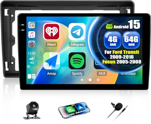 CAMECHO 4+64G 9 Zoll Android 15 Radio für Ford Transit 2009-2016 Focus 2005-2008, Ford Navi Autoradio mit GPS WiFi Wireless Carplay Android Auto RDS FM Mirror Link mit Rückfahrkamera