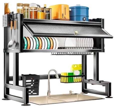 Escurreplatos sobre fregadero con puerta, estante grande de almacenamiento para platos, estante de cocina sobre el lavabo, organizador con soporte para utensilios (85 x 31 x 79,5 cm)