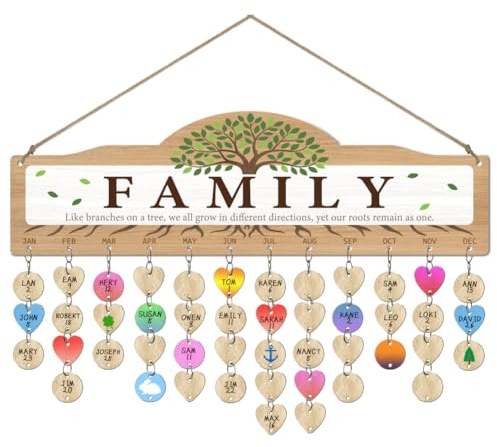 arricraft Famille Anniversaire Rappel Calendrier en Bois, Arbre et Feuilles | 40x12cm Plaque de Bois Suspendue Rectangulaire Calendriers Muraux Fournitures de Bureau Décoration de Fête à Maison