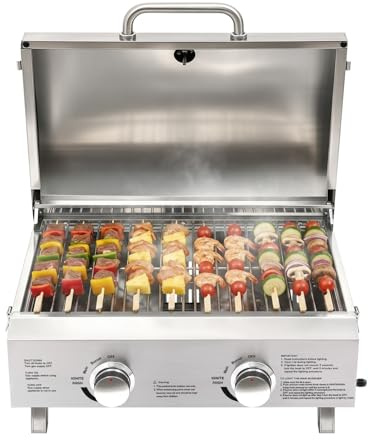 Falyrex Barbacoa de Gas, 2 Quemadores, Acero Inoxidable y Piedra para Pizza