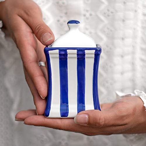 City to Cottage Small Ceramic Spice Jar with Lid, Square Seasoning Container for Home Kitchen, Condiment Pot, Seasoning Jar, Spice Canister, Herb Storage Jar, Handcrafted Navy Blue Stripe Coastal