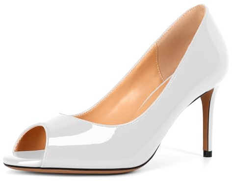 Elashe Peep Toes Damen Pumps Stiletto High Heels Slip On Hoher Schuhe Open Toe Elegante und Bequeme für Party Lack Weiß EU44