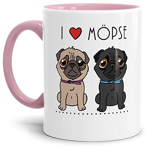 Mops-Tasse mit Spruch I Love Möpse/Hund/Tier/Pug/Cup/Mug/Innen & Henkel Rosa