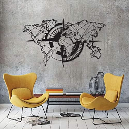 Tubibu Moderne Wandkunst, 100% Metall, Metallische Weltkarte, Größe (57,9 x 100,1 cm) – Landkarte des Lebens, Metall-Wandkunst, Weltkarte und Kompass,