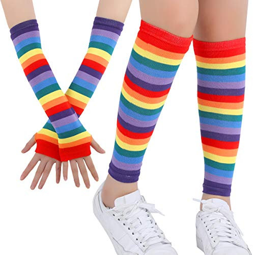 ranrann Mädchen Frauen Gestreifte Kniestrümpfe Handschuhe Regenbogen Bunte Socken Armstulpen Kostüm Zubehör für Fasching Party Beinstulpen&Handschuhe_Regenbogen One Size