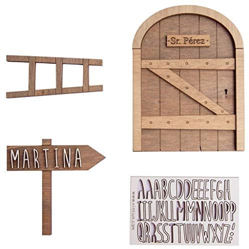 Vintiun | Puerta Ratoncito Pérez de Madera | Puerta Mágica con Escalera y Cartel para Personalizar con el Nombre | Regalo Ideal Infantil de Madera