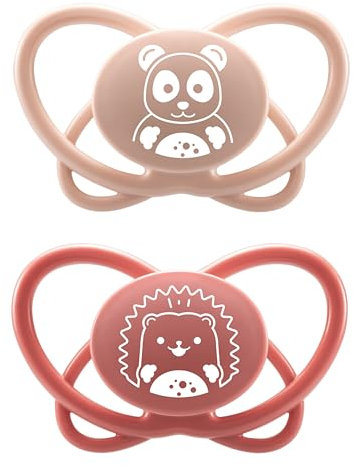 NIP Butterfly: Haut- & zahnfreundlicher Schnuller, flacher Sauger, weich & flexibel, Scheibe extra leicht & luftdurchlässig, BPA-frei, nachhaltig, mit Box, 16-32 Monate, Nude/Rot