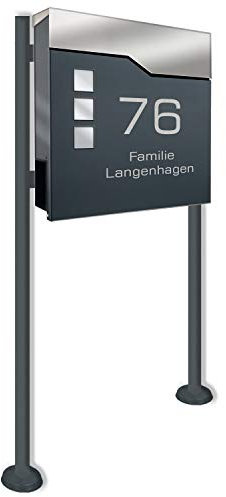 Zalafino Briefkasten incl. Standfuß freistehend in anthrazit - individualisierbarer Design-Briefkasten aus pulverbeschichtetem Stahl mit Zeitungsrolle, Sichtfeldern und Standfuß