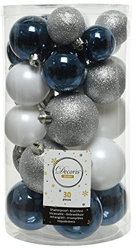 ETC 30er Set Kugelmix PVC mit Weihnachtskugeln Baumschmuck bruchfester Christbaumschmuck (blau/weiß/Silber)
