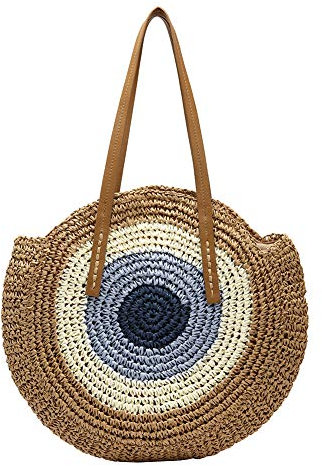 DKIIL NOIYB Straw Handbags For Women, Summer Beach Straw Bag Large Capacity Handwoven Crossbody Straw Bags With Inner And Pocket Round Woven Purse Tote Bag