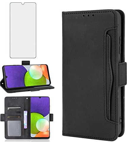 Asuwish Handyhülle für Samsung Galaxy A22/M32/M22 4G Hülle mit Glas Folie Schutzfolie Kartenfach Klappbar Leder Geldbörse Ständer Schutzglas A 22 22A F22 G4 Handy Hüllen Schutzhülle Phone Case Schwarz