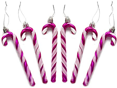 Pack of 6-13CM Glitter Candy Cane –Christmas Tree Hanging Decoration Bauble Xmas Ornament (Hot Pink)