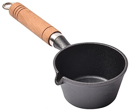 UPTALY Mini chauffe-beurre en fonte de 13 cm (250 g), avec poignée en bois, sans revêtement, petits poêles à omelettes avec bec, pot à lait, poêle à œufs portable pour camping, casserole miniature