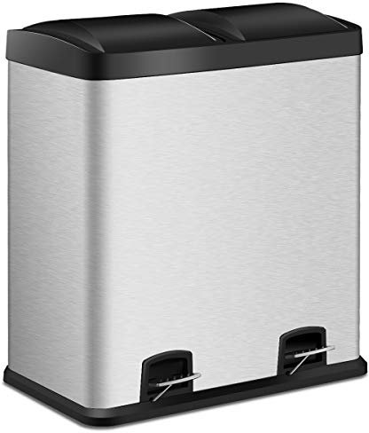 TANGZON 2x30L Recycling Pedal Bin, Double Kitchen Waste Bin with Plastic Inner Buckets & 1/2Handles, Fingerprint Proof Airtight Stainless Steel Trash Can (Curved Lid)