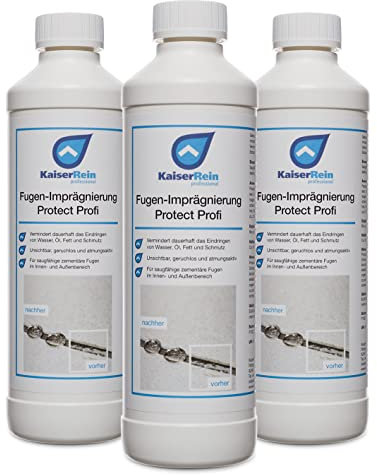 KaiserRein Fugen-Imprägnierung Protect Profi 3x500ml ist eine Spezial-Imprägnierung zur Fugenversieglung innen und außen für Terrasse, Balkon, Bad, Dusche, Küche, Werkstatt uvm.