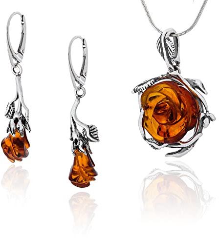 Damen Silber Schmuck Set Amber 060B Bernsteinrosen, Anhänger mit Kette und Ohrringen, Baltische Bernstein, Silber 925