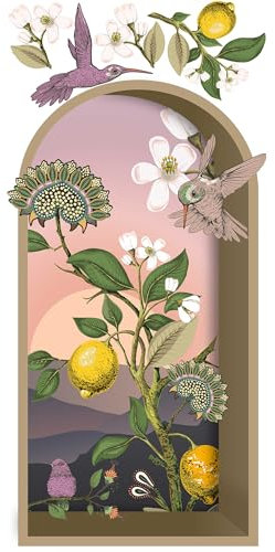 Grand papier peint panoramique découpé, arche 3D en trompe l'oeil tendance arche et niche avec colibris et citronnier, 150 cm X 79 cm