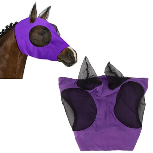 BAOFUYA Atmungsaktive Pferdegesichtsmaske mit Ohrenschutz, Elastische Fliegenmaske, Lila, Reitsportausrüstung