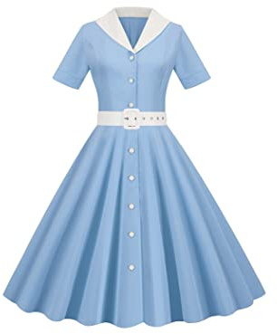 OMZIN Damen Vintage Cape Kragen Kurzarm Stretchy Flowy Kleid 1950er Jahre Solid Color Rockabilly Kleid