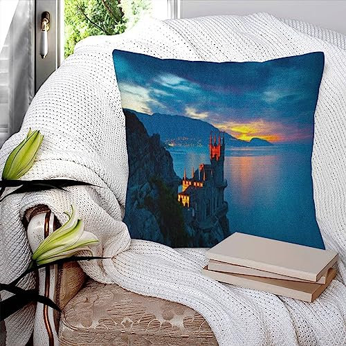Kissenbezüge 45x45cm,Blau berühmt Das bekannte Schloss Schwalbennest in der Nähe von Yalta Place Fairy,Dekorationskissenbezüge quadratisch weich Kissenbezüge für Couch Sofa Bett