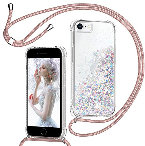 Cover per iPhone 8/SE 2020/2022/7/6 con Cordino, Custodia Brillantini Liquido con Collana Trasparente Ultra Sottile Silicone Antiurto Protettivo Sabbie Mobili Case per Cellulare Cordoncino, Oro Rosa