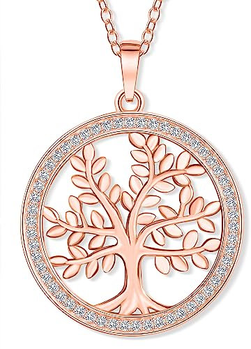 VIASOUL® Halskette Lebensbaum II Baum des Lebens Kette für Damen I Tree of Life aus 925er Silber I Mit 585er Gold überzogen I Der Lebensbaum mit Echtsilber-Zertifikat (Rose)