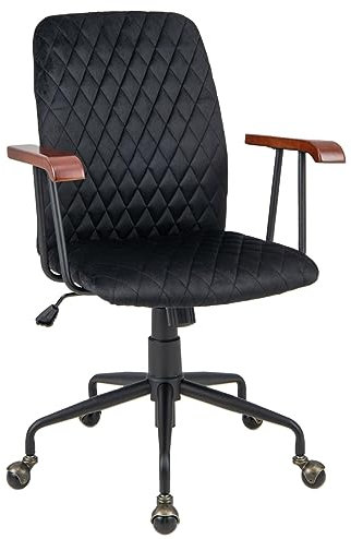 COSTWAY Velvet Office Chair, Ergonomic Swivel Computer Desk Chair with Rubber Wood Armrests, Adjustable Rolling Rocking Executive Task Chairs Tufted Leisure Seat for Home Office Bedroom (Black)