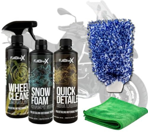 AutoFullCar - Pack Limpieza Moto FullBikeX - Limpia Llantas especial moto, Champú, Cera Líquida + Accesorios Limpieza Moto - 500 ml Unidad