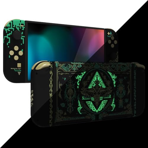 eXtremeRate Carcasa Completa para Nintendo Switch OLED, Tapa Trasera & Soporte Placa con Botones Coloridos para NSO, Funda Protectora NS Joycons - Brilla en Oscuridad-Reino del Totem Negro
