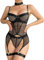 EVELIFE Dessous Set für Damen Sexy Gothic Bodysuit Strapsen Oberschenkel Strumpfgürtel Halsreif Unterwäsche Babydolls ohne Strümpfe (Schwarz,M)
