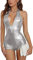Yendoll Metallic Bodysuit Neckholder 70er / 80er Jahre Einteiler Rave-Clubwear Badeanzüge rückenfrei Gymnastikanzug für Damen, silber, XL