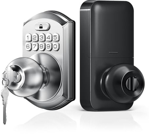 TEEHO Keyless Entry Keypad Door Lock with Handle, Electronic Digital Smart Locks for Front Door, Easy to Install Keypad Deadbolt with Code for Bedroom, Anti-Peeping Password - Nickel