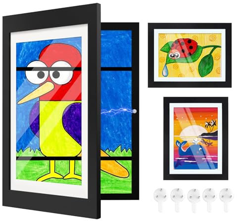 Cathpetic 2 Stück Bilderrahmen Kinderzeichnungen Holz A4,Magnetrahmen Wechselrahmen,Befüllbarer Archiv Bilderrahmen für 150 Bilder,Bilderrahmen Aufklappbar für Kinderzeichnungen